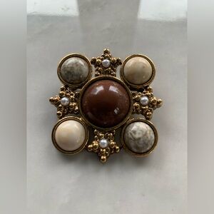 Vintage Stone Brooch Pin Marbled Cabochon Stones Faux pearl Antiqued Goldtone